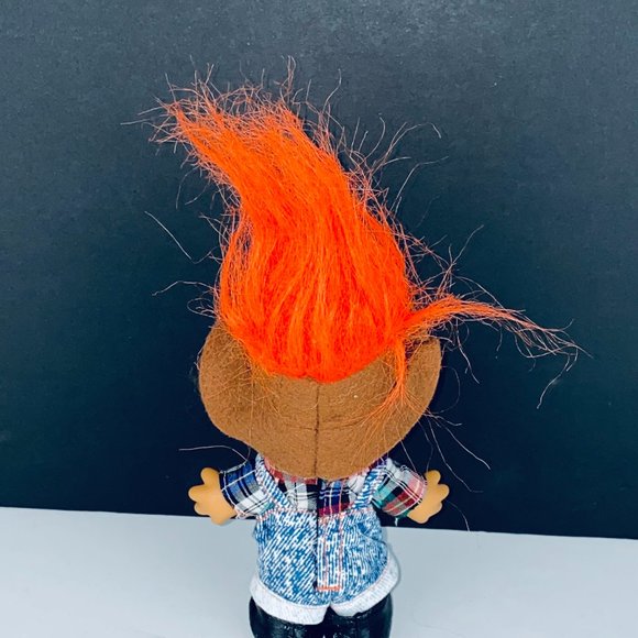Russ Troll Doll Plaid Shirt Overalls Orange Hair Brown Hat Farmer Figure Toy - Picture 4 of 4